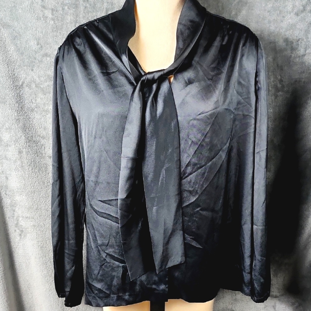 Elegant Black Satin Silky Blouse with Neck Tie Long Sleeve  Size XL